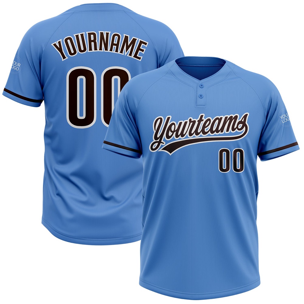 Powder Blue Brown White Two Button Unisex Softball Jersey, Custom Team Softball Jersey