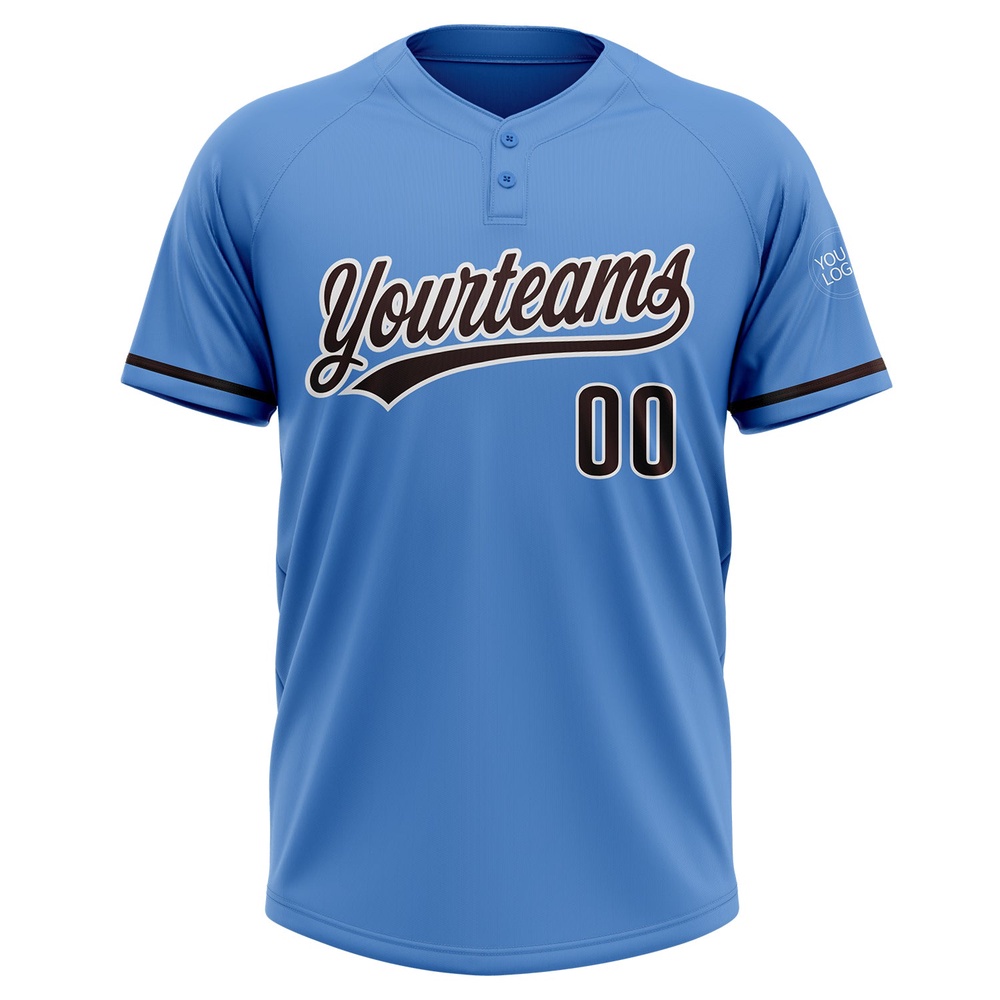 Powder Blue Brown White Two Button Unisex Softball Jersey, Custom Team Softball Jersey