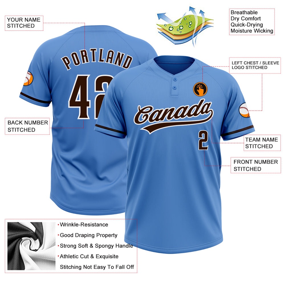 Powder Blue Brown White Two Button Unisex Softball Jersey, Custom Team Softball Jersey