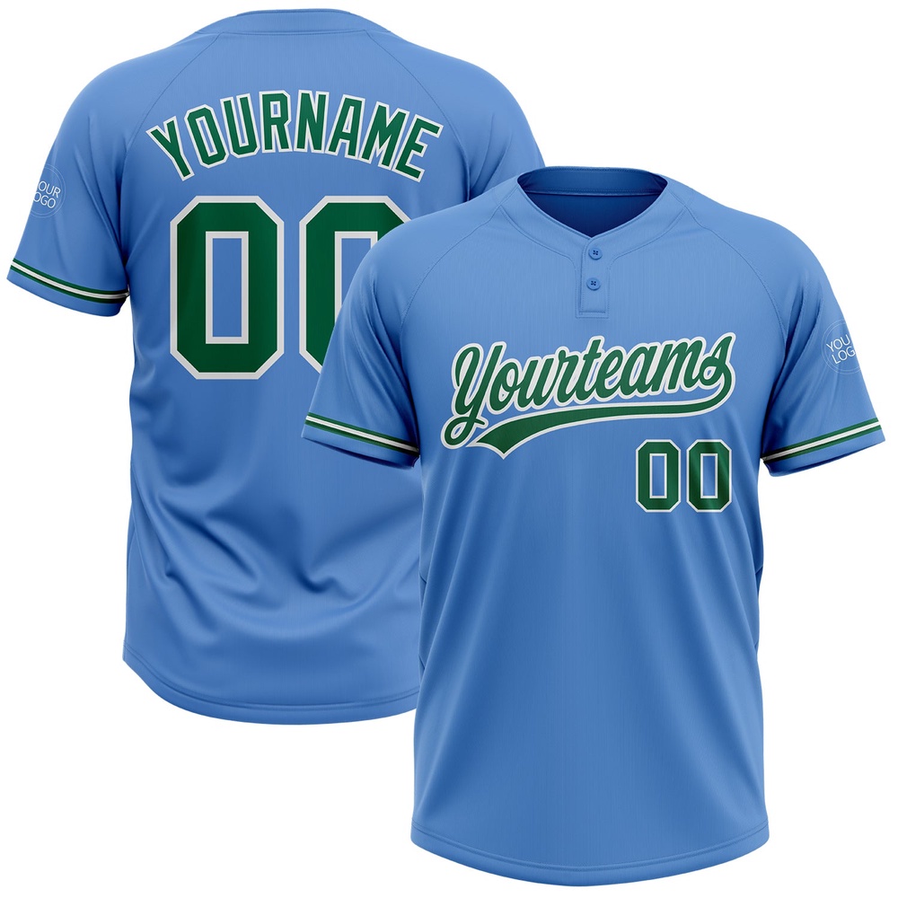 Powder Blue Kelly Green White Two Button Unisex Softball Jersey, Custom Team Softball Jersey