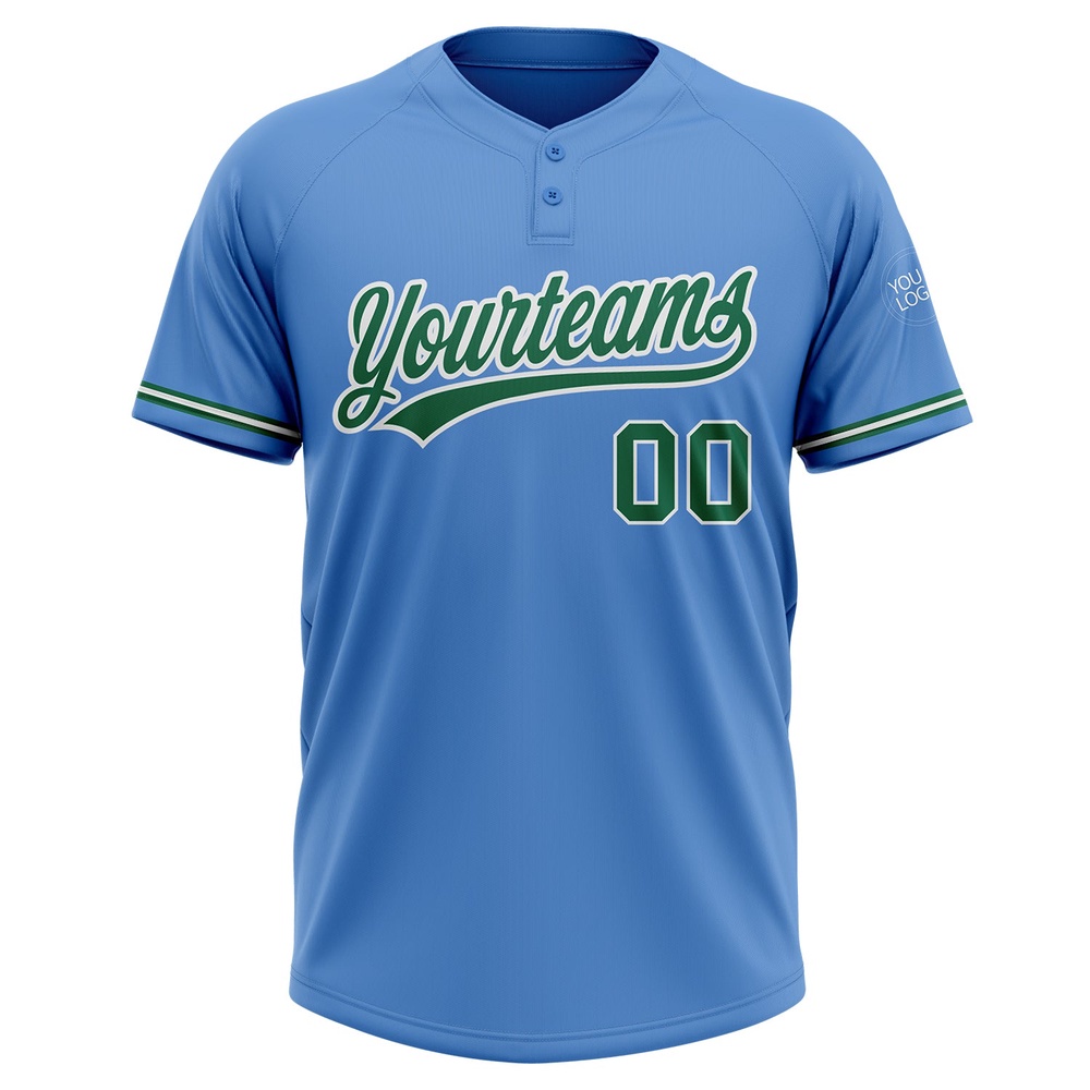 Powder Blue Kelly Green White Two Button Unisex Softball Jersey, Custom Team Softball Jersey