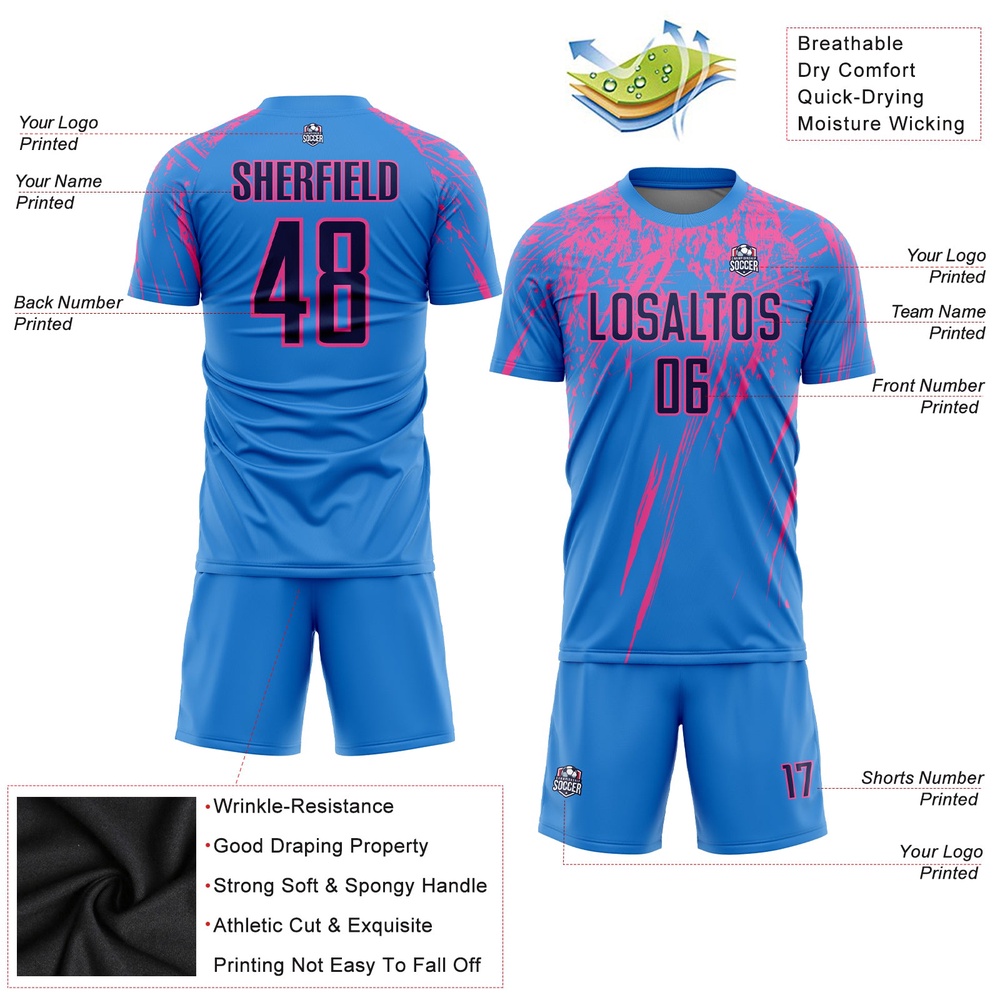 Powder Blue Navy Pink Sublimation Soccer Uniform Jersey, Custom Team Soccer Jersey Shirt
