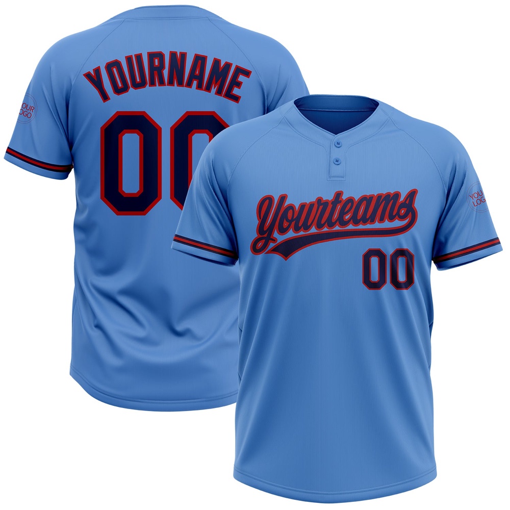 Powder Blue Navy Red Two Button Unisex Softball Jersey, Custom Team Softball Jersey
