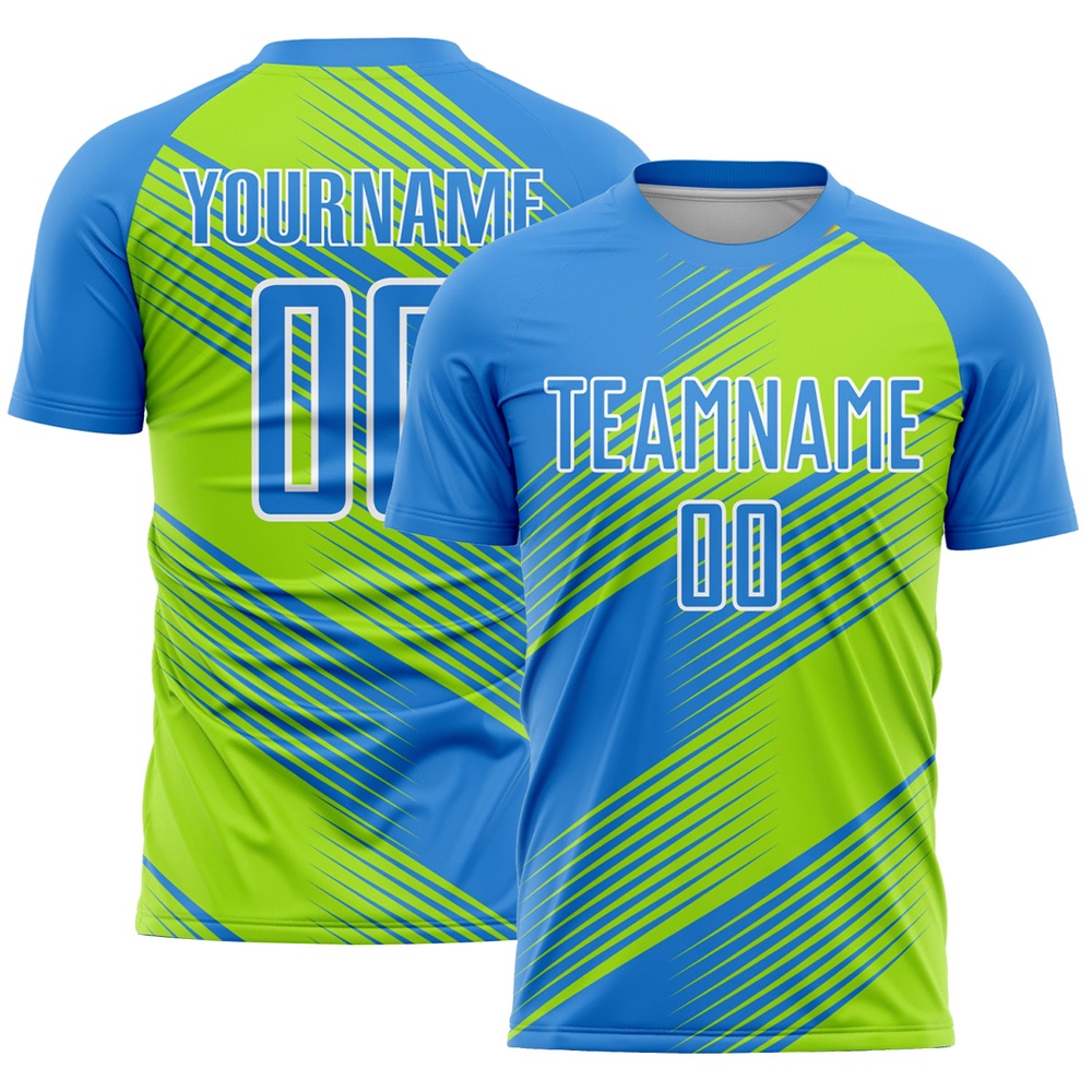 Powder Blue Neon Green White Line Sublimation Soccer Uniform Jersey, Custom Team Soccer Jersey Shirt