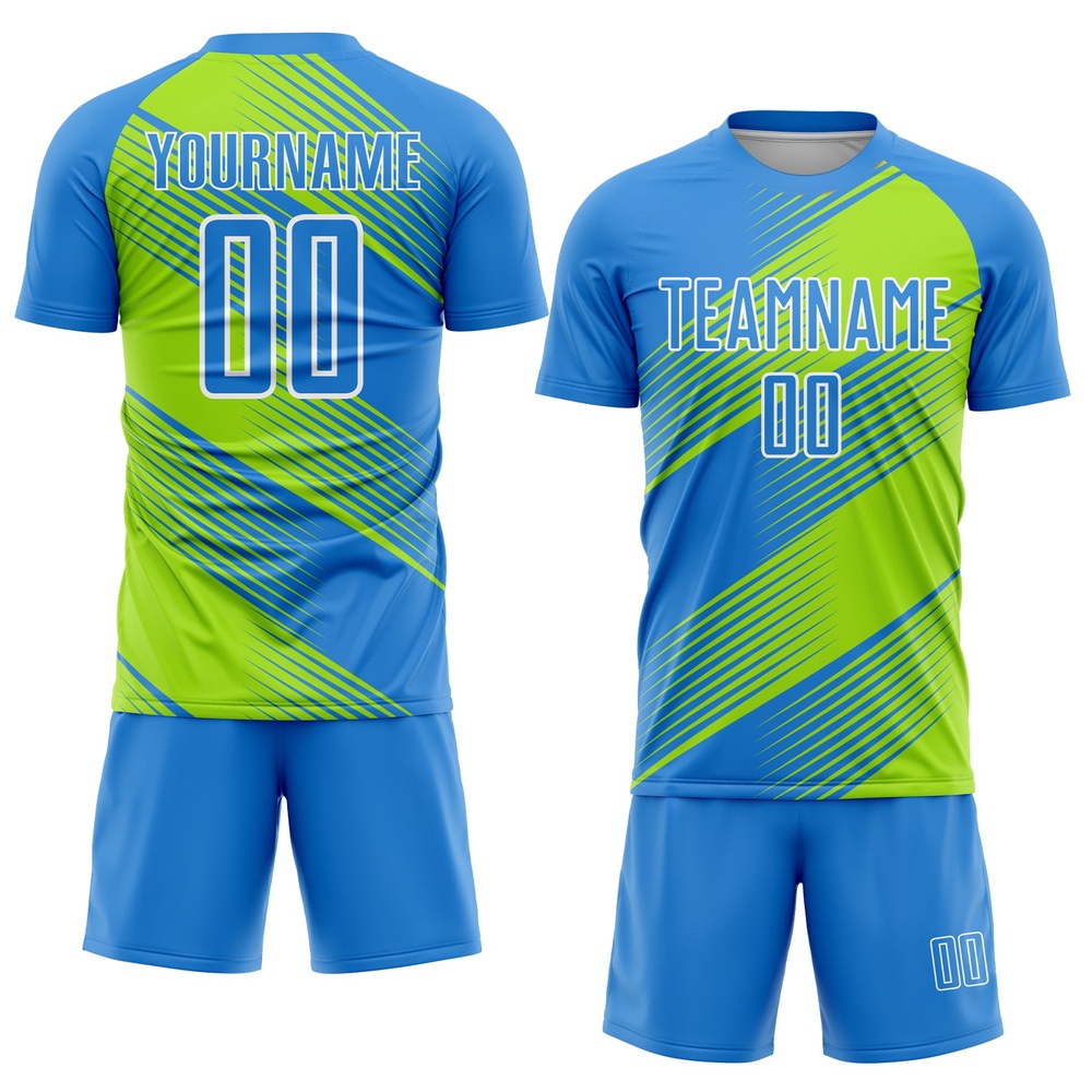 Powder Blue Neon Green White Line Sublimation Soccer Uniform Jersey, Custom Team Soccer Jersey Shirt