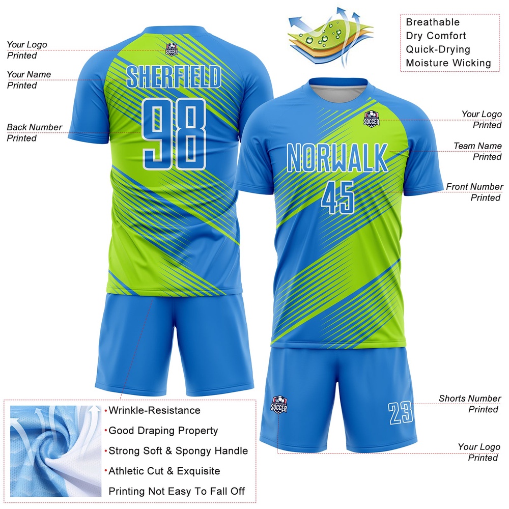 Powder Blue Neon Green White Line Sublimation Soccer Uniform Jersey, Custom Team Soccer Jersey Shirt