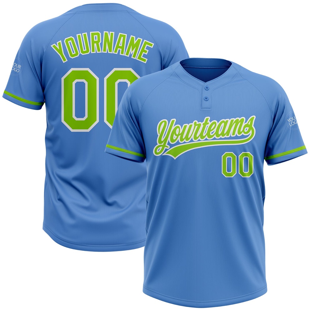 Powder Blue Neon Green White Two Button Unisex Softball Jersey, Custom Team Softball Jersey