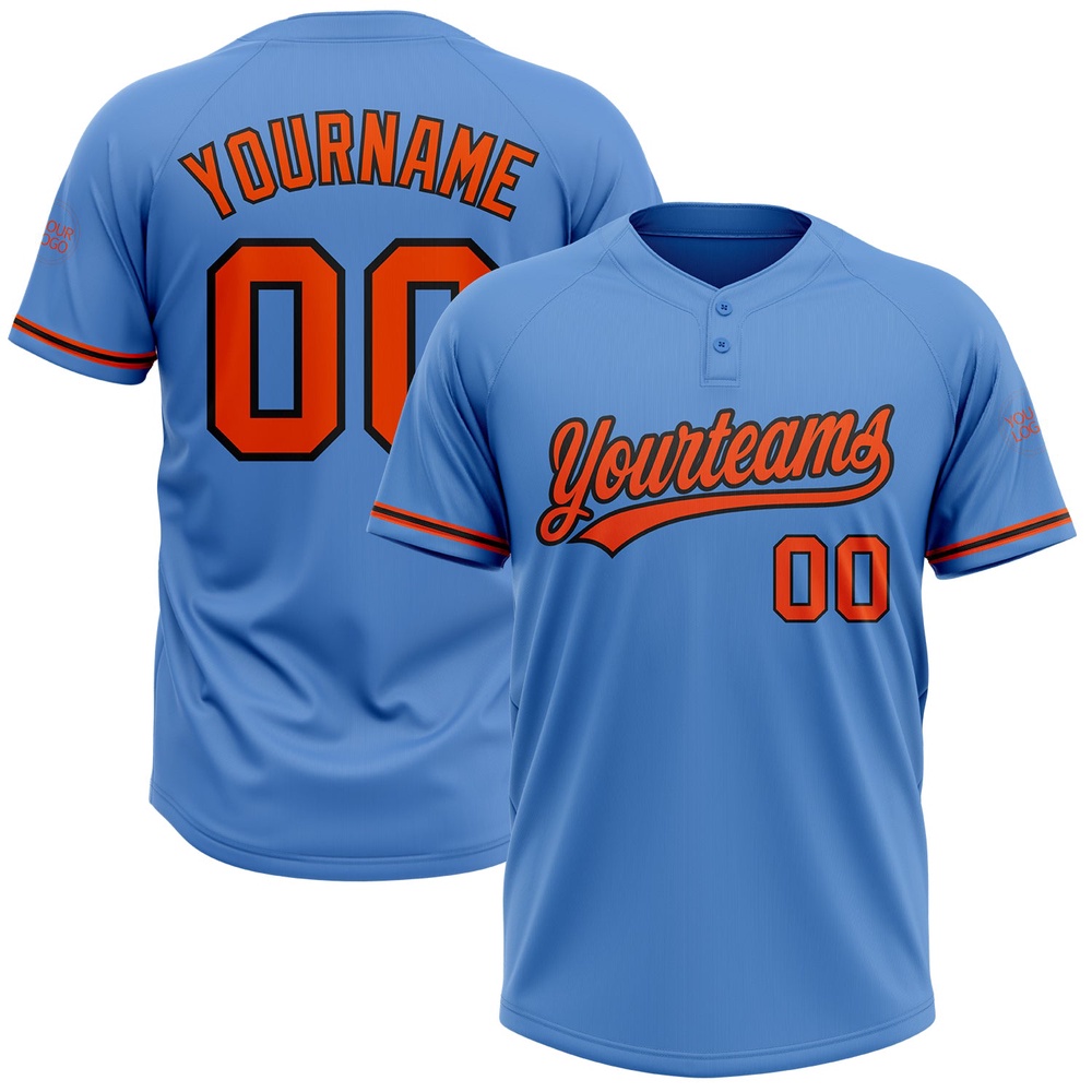 Powder Blue Orange Black Two Button Unisex Softball Jersey, Custom Team Softball Jersey
