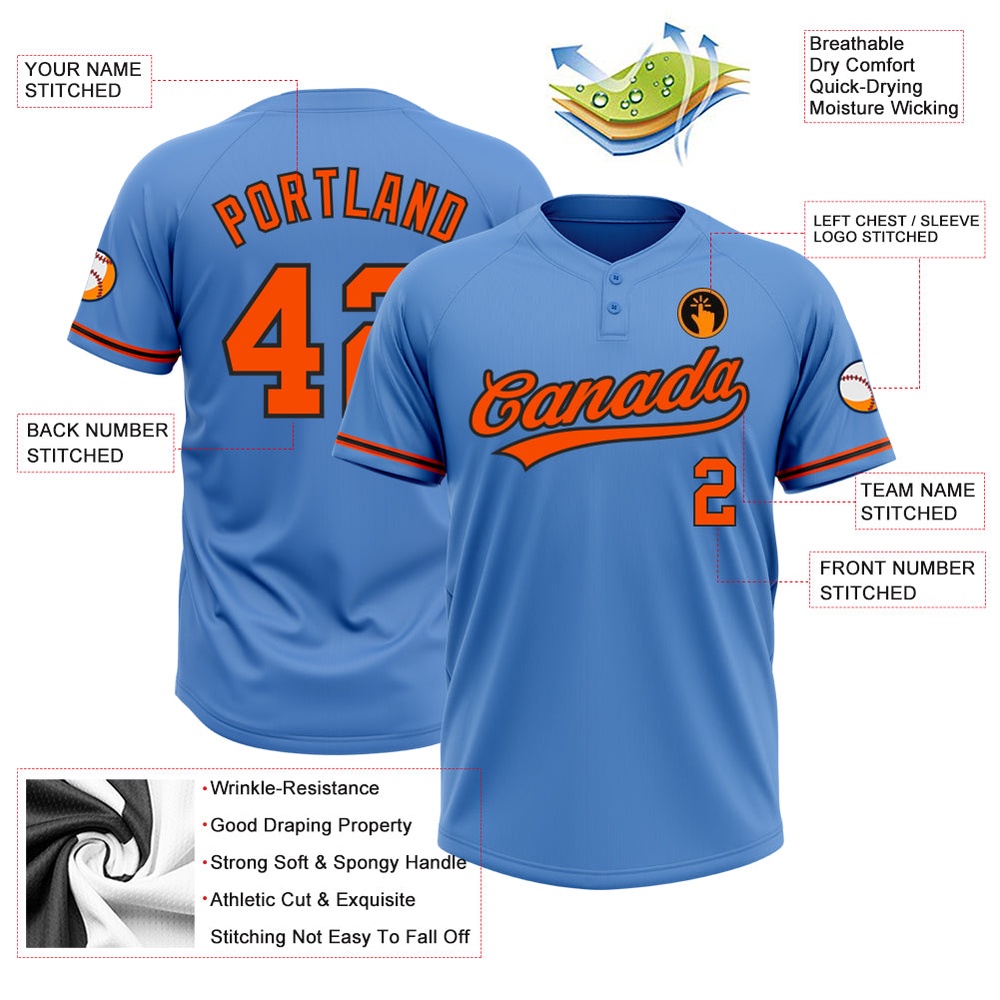 Powder Blue Orange Black Two Button Unisex Softball Jersey, Custom Team Softball Jersey