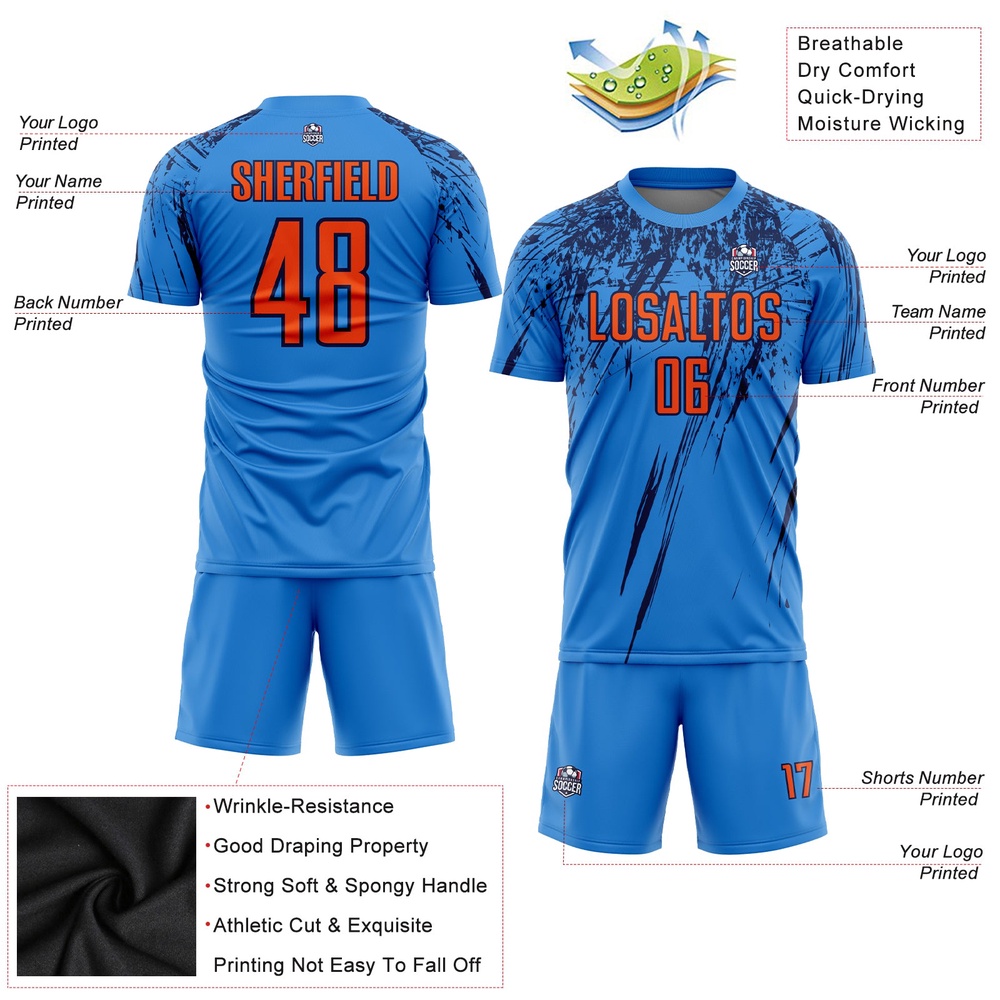 Powder Blue Orange Navy Sublimation Soccer Uniform Jersey, Custom Team Soccer Jersey Shirt