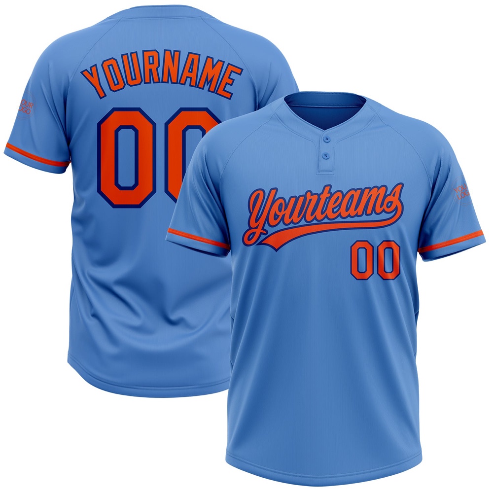 Powder Blue Orange Royal Two Button Unisex Softball Jersey, Custom Team Softball Jersey