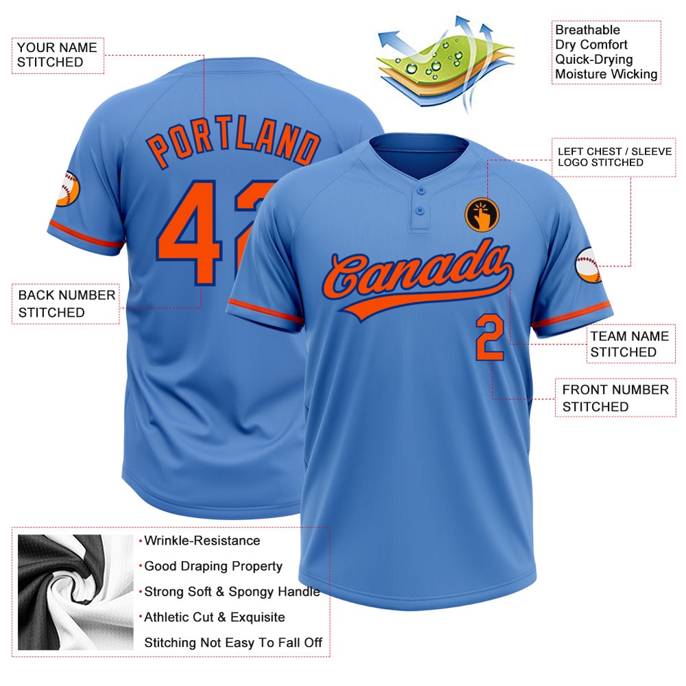 Powder Blue Orange Royal Two Button Unisex Softball Jersey, Custom Team Softball Jersey