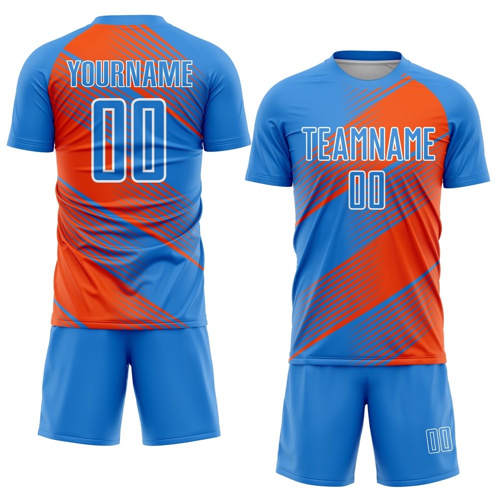 Powder Blue Orange White Line Sublimation Soccer Uniform Jersey, Custom Team Soccer Jersey Shirt