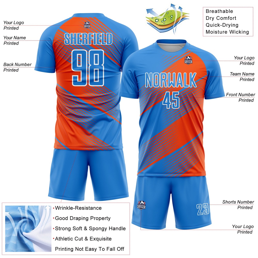 Powder Blue Orange White Line Sublimation Soccer Uniform Jersey, Custom Team Soccer Jersey Shirt