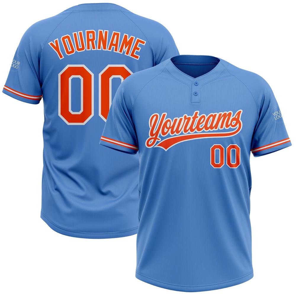 Powder Blue Orange White Two Button Unisex Softball Jersey, Custom Team Softball Jersey