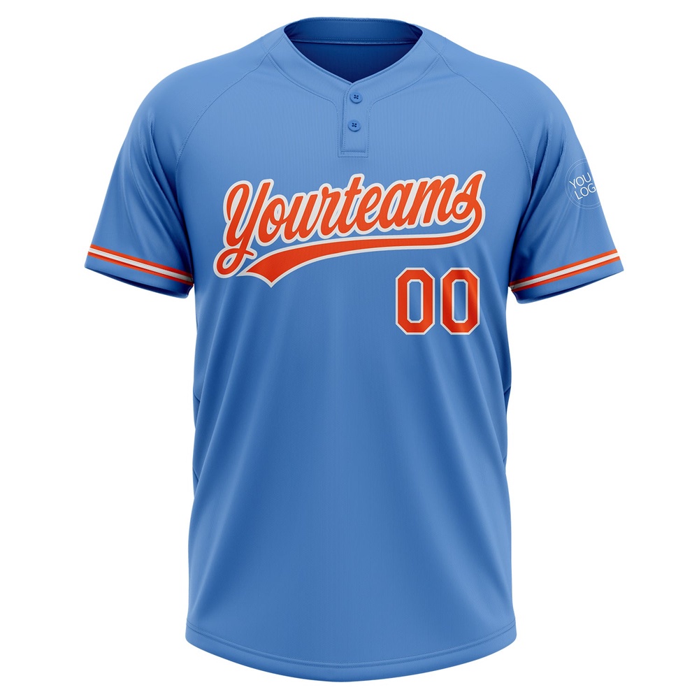 Powder Blue Orange White Two Button Unisex Softball Jersey, Custom Team Softball Jersey