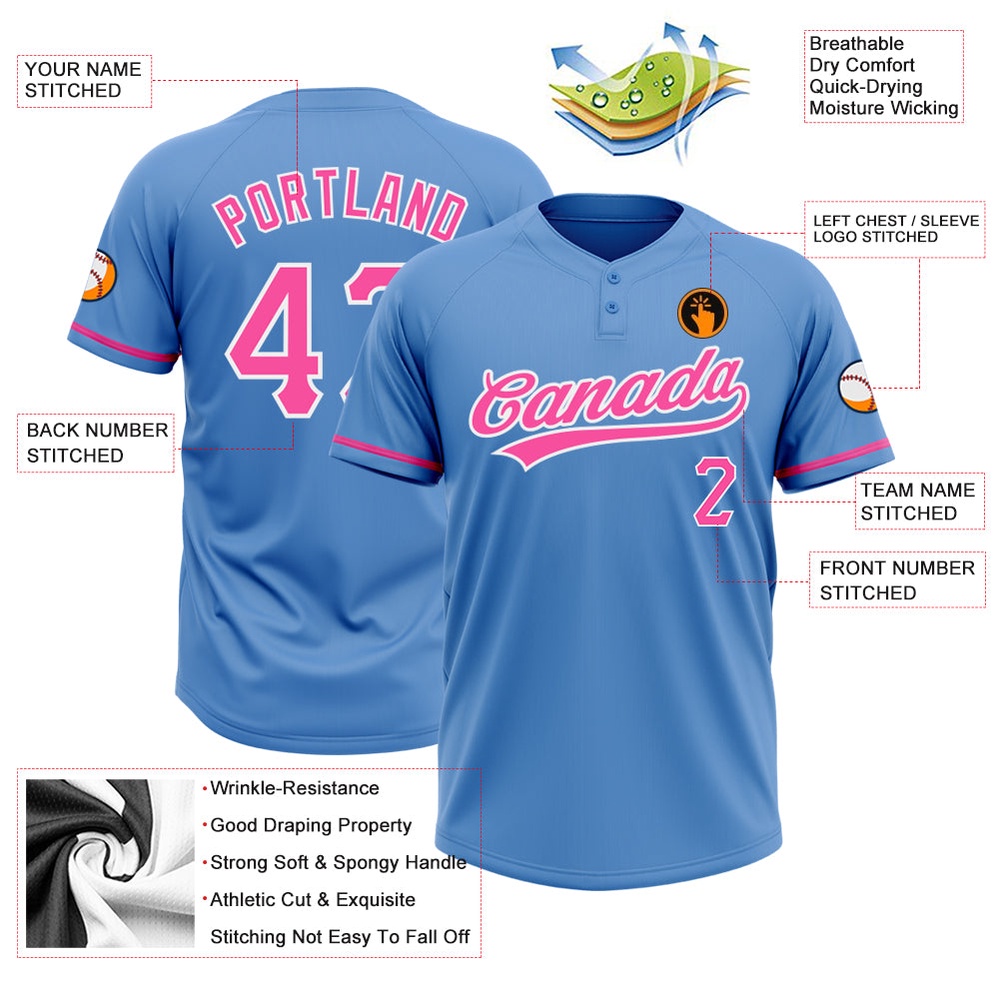 Powder Blue Pink White Two Button Unisex Softball Jersey, Custom Team Softball Jersey