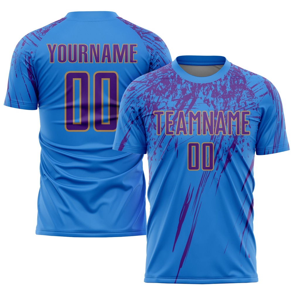 Powder Blue Purple Old Gold Sublimation Soccer Uniform Jersey, Custom Team Soccer Jersey Shirt