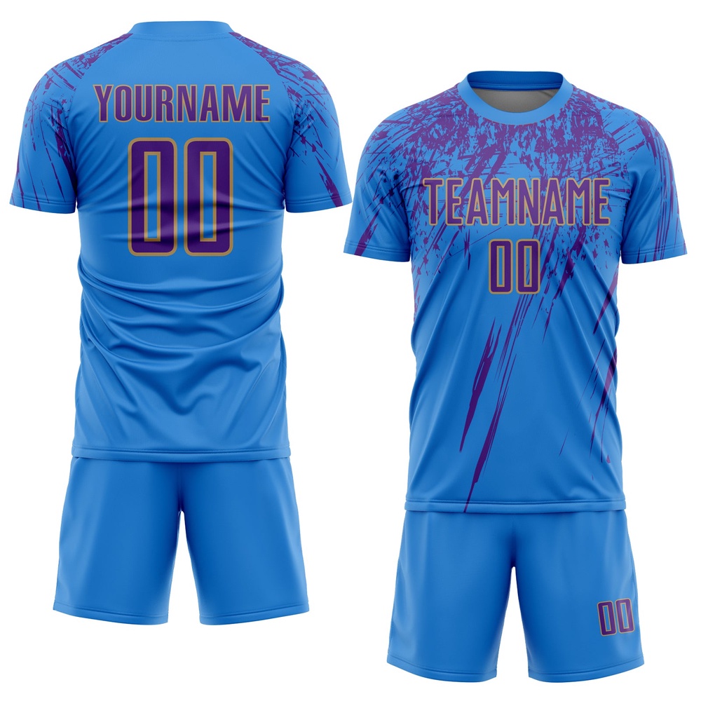 Powder Blue Purple Old Gold Sublimation Soccer Uniform Jersey, Custom Team Soccer Jersey Shirt