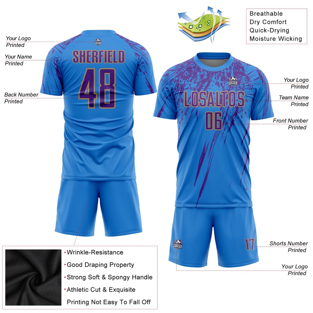 Powder Blue Purple Old Gold Sublimation Soccer Uniform Jersey, Custom Team Soccer Jersey Shirt