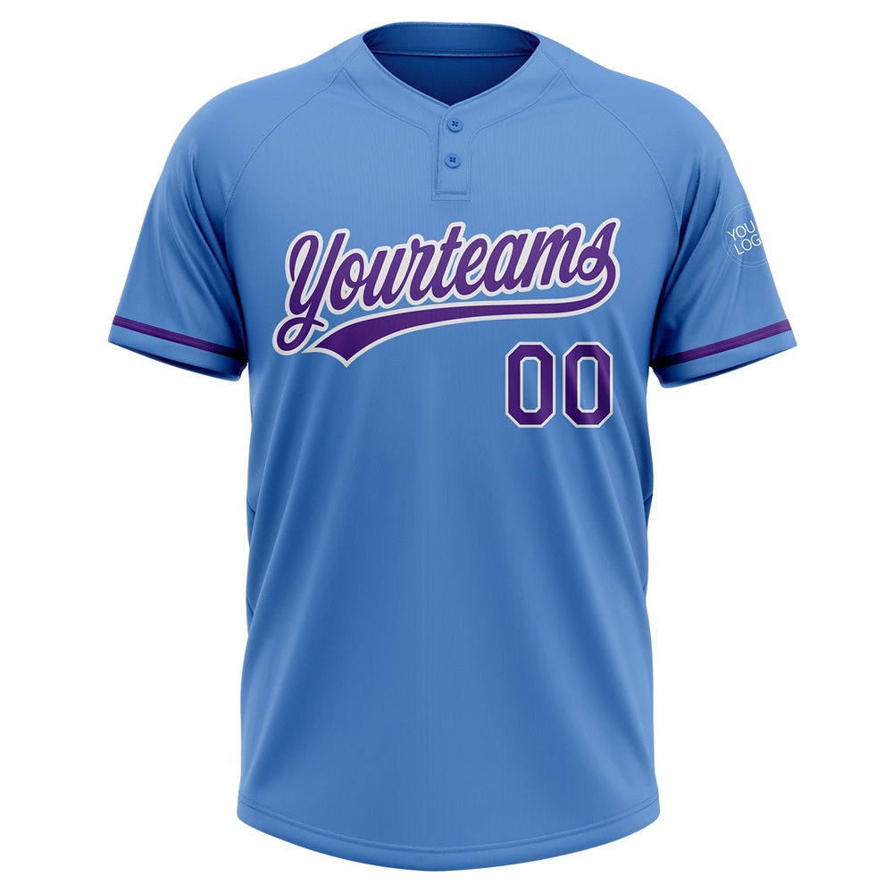Powder Blue Purple White Two Button Unisex Softball Jersey, Custom Team Softball Jersey