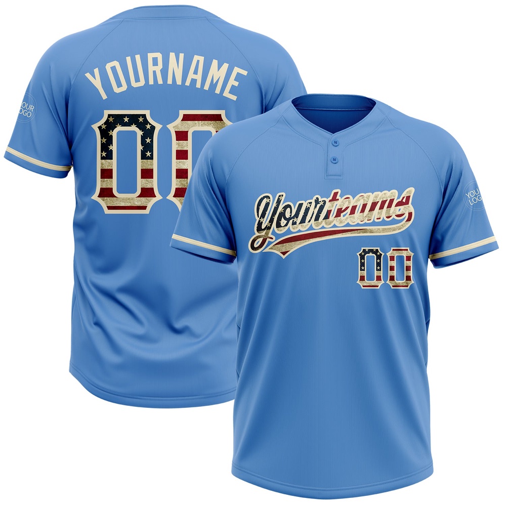 Powder Blue Vintage USA Flag Cream Two Button Unisex Softball Jersey, Custom Team Softball Jersey