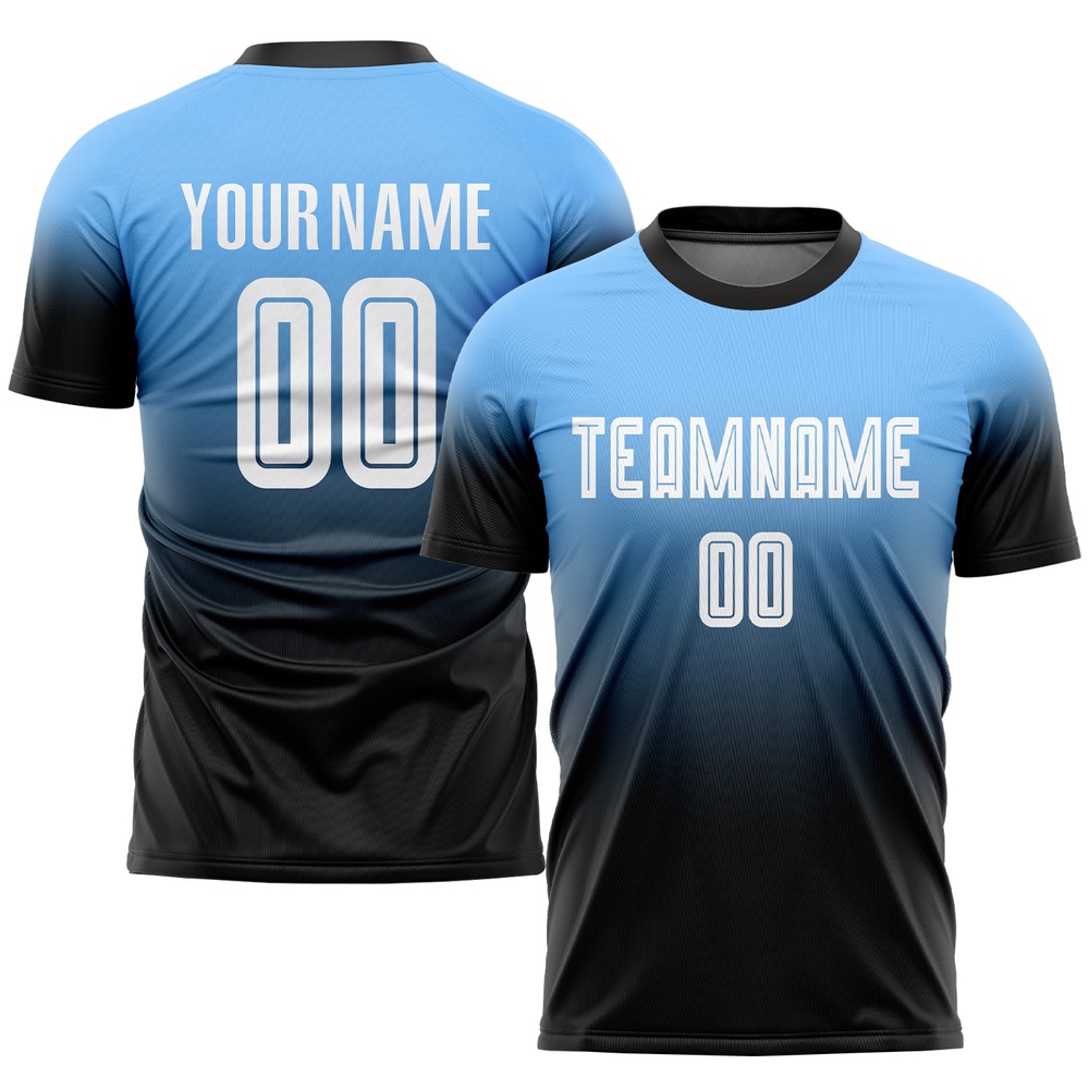 Powder Blue White Black Sublimation Fade Fashion Soccer Uniform Jersey, Custom Team Soccer Jersey Shirt