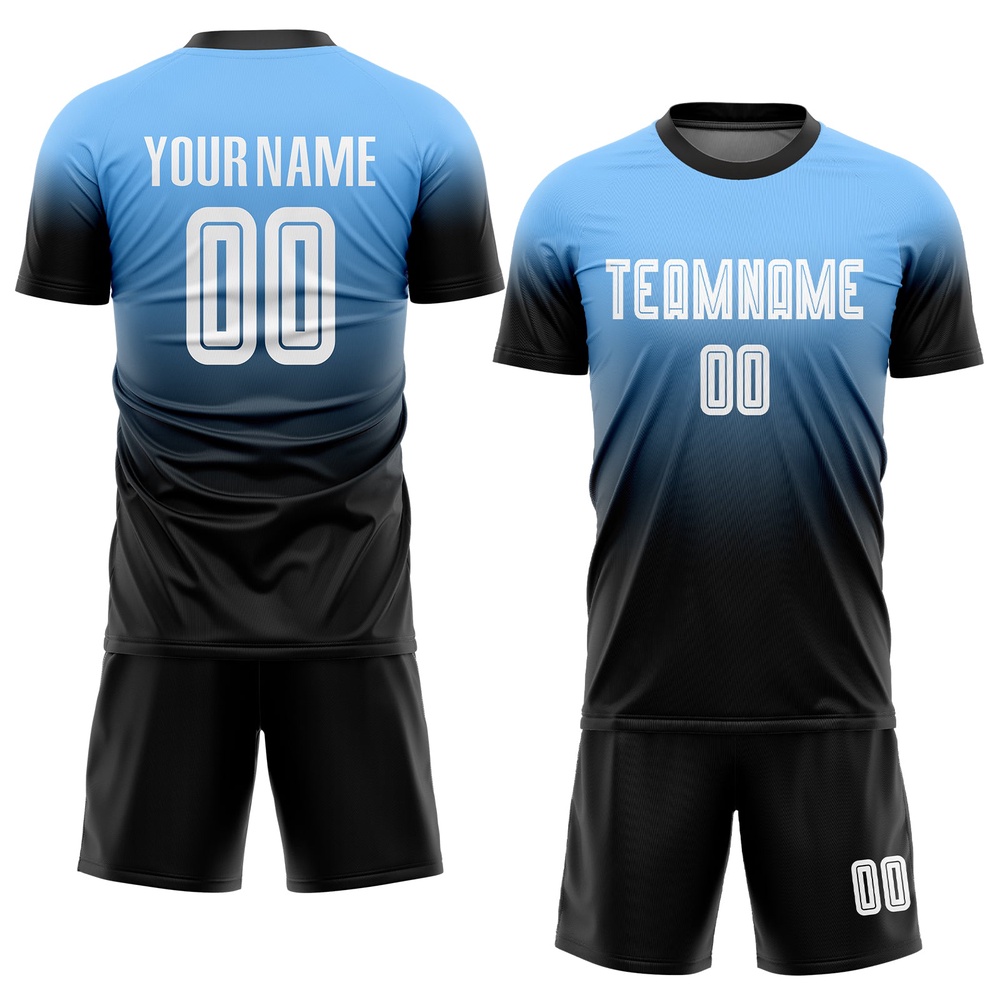 Powder Blue White Black Sublimation Fade Fashion Soccer Uniform Jersey, Custom Team Soccer Jersey Shirt