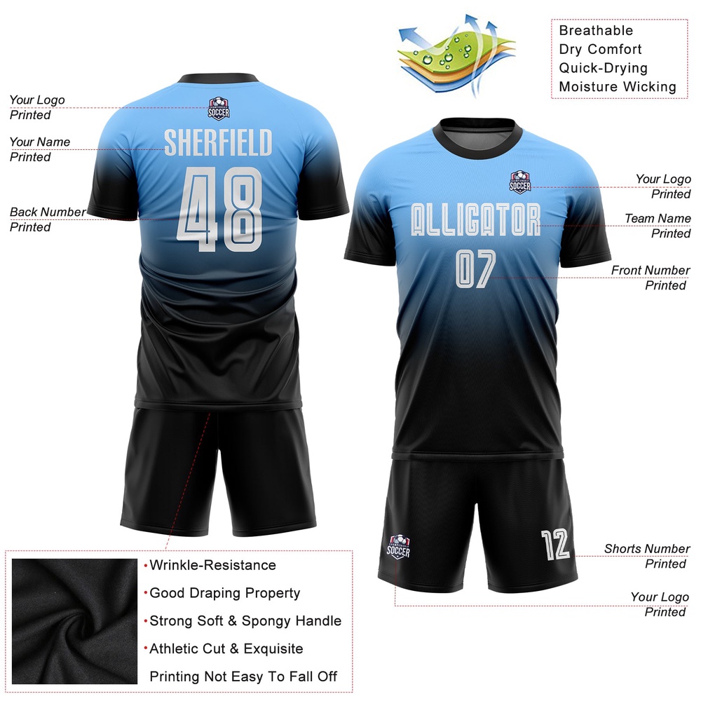 Powder Blue White Black Sublimation Fade Fashion Soccer Uniform Jersey, Custom Team Soccer Jersey Shirt