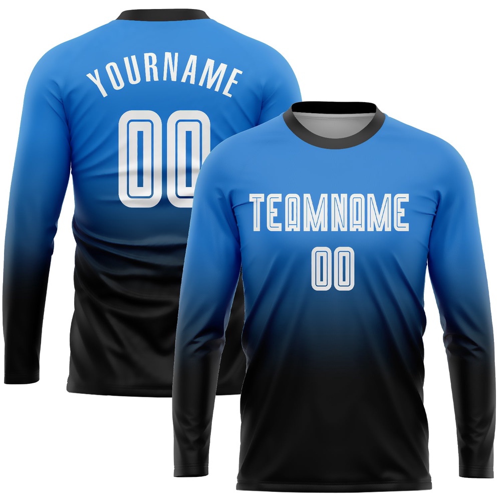 Powder Blue White Black Sublimation Long Sleeve Fade Fashion Soccer Uniform Jersey, Custom Team Soccer Jersey Shirt