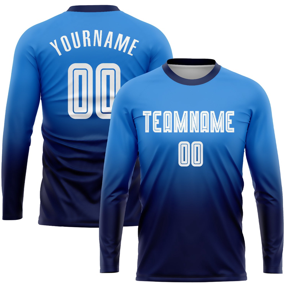 Powder Blue White Navy Sublimation Long Sleeve Fade Fashion Soccer Uniform Jersey, Custom Team Soccer Jersey Shirt