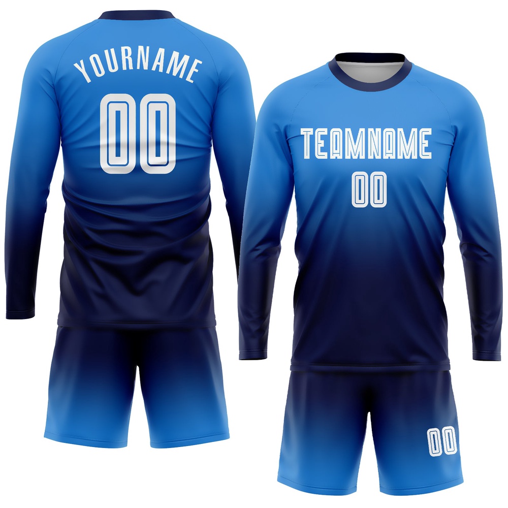 Powder Blue White Navy Sublimation Long Sleeve Fade Fashion Soccer Uniform Jersey, Custom Team Soccer Jersey Shirt
