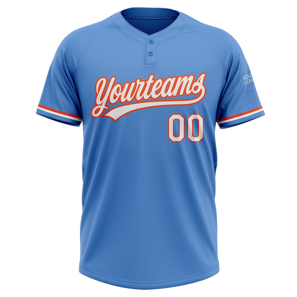Powder Blue White Orange Two Button Unisex Softball Jersey, Custom Team Softball Jersey
