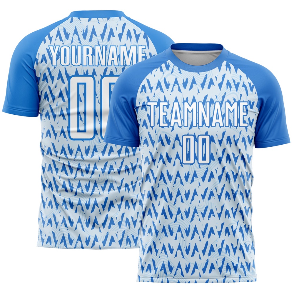 Powder Blue White Silver Abstract Geometric Pattern Sublimation Soccer Uniform Jersey, Custom Team Soccer Jersey Shirt