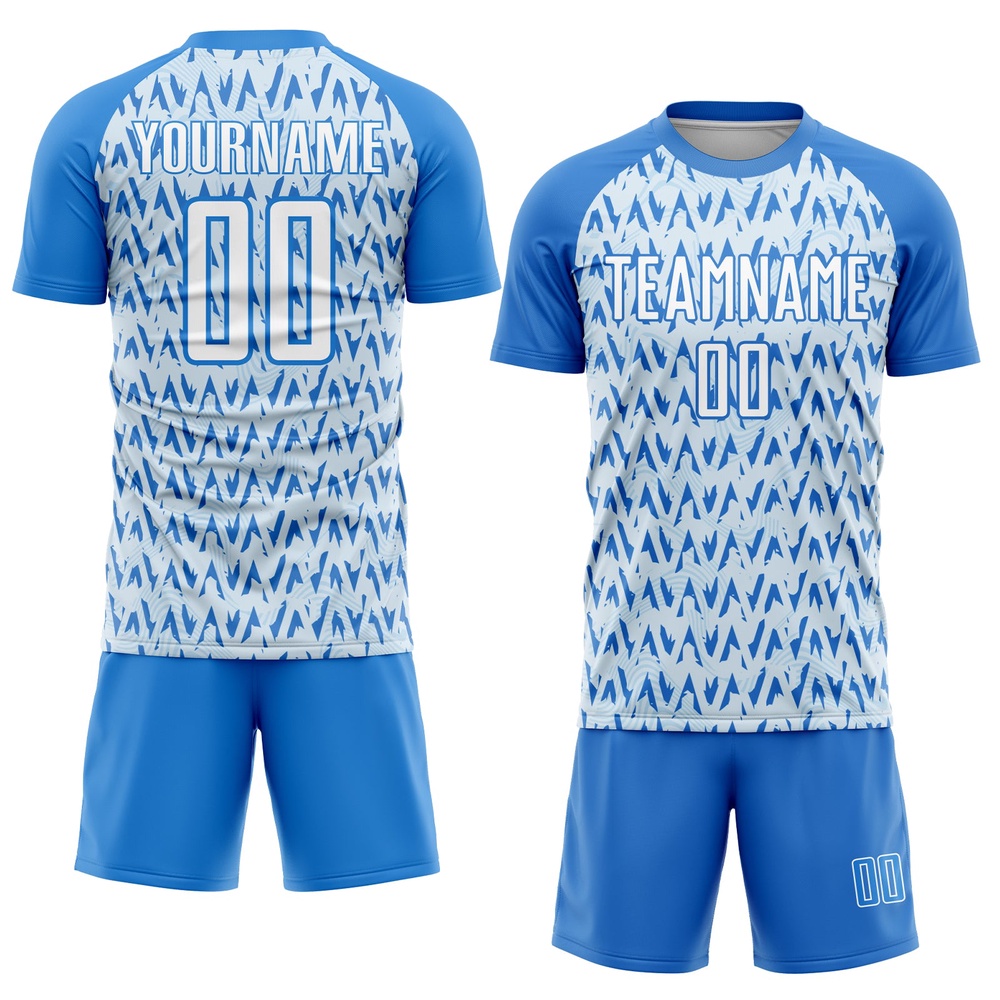 Powder Blue White Silver Abstract Geometric Pattern Sublimation Soccer Uniform Jersey, Custom Team Soccer Jersey Shirt