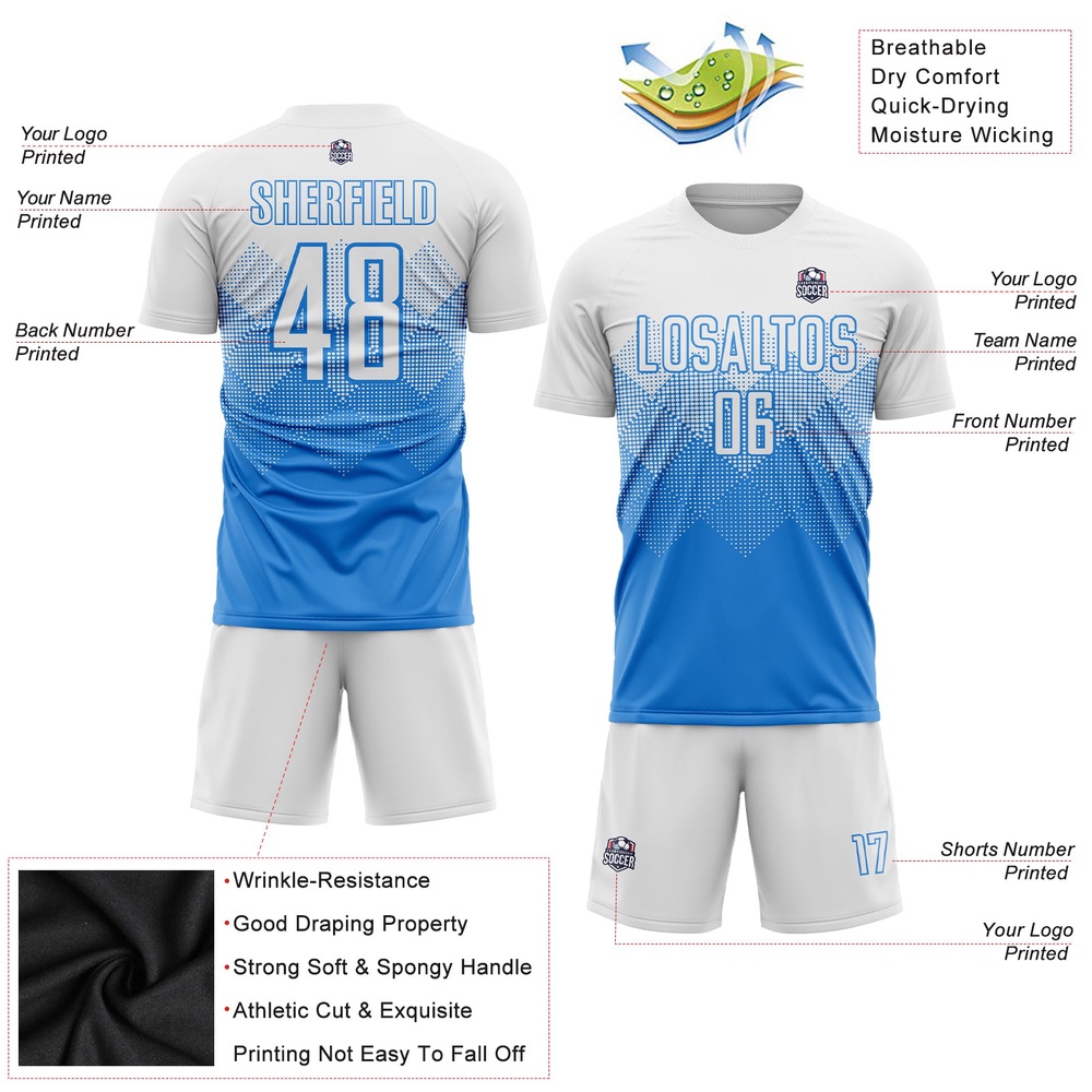 Powder Blue White Sublimation Soccer Uniform Jersey, Custom Team Soccer Jersey Shirt