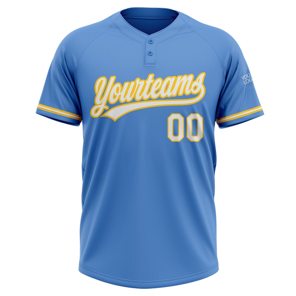 Powder Blue White Yellow Two Button Unisex Softball Jersey, Custom Team Softball Jersey