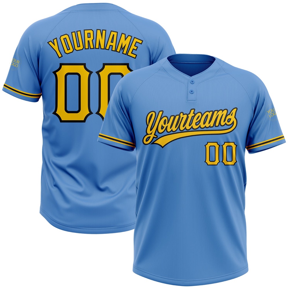 Powder Blue Yellow Black Two Button Unisex Softball Jersey, Custom Team Softball Jersey
