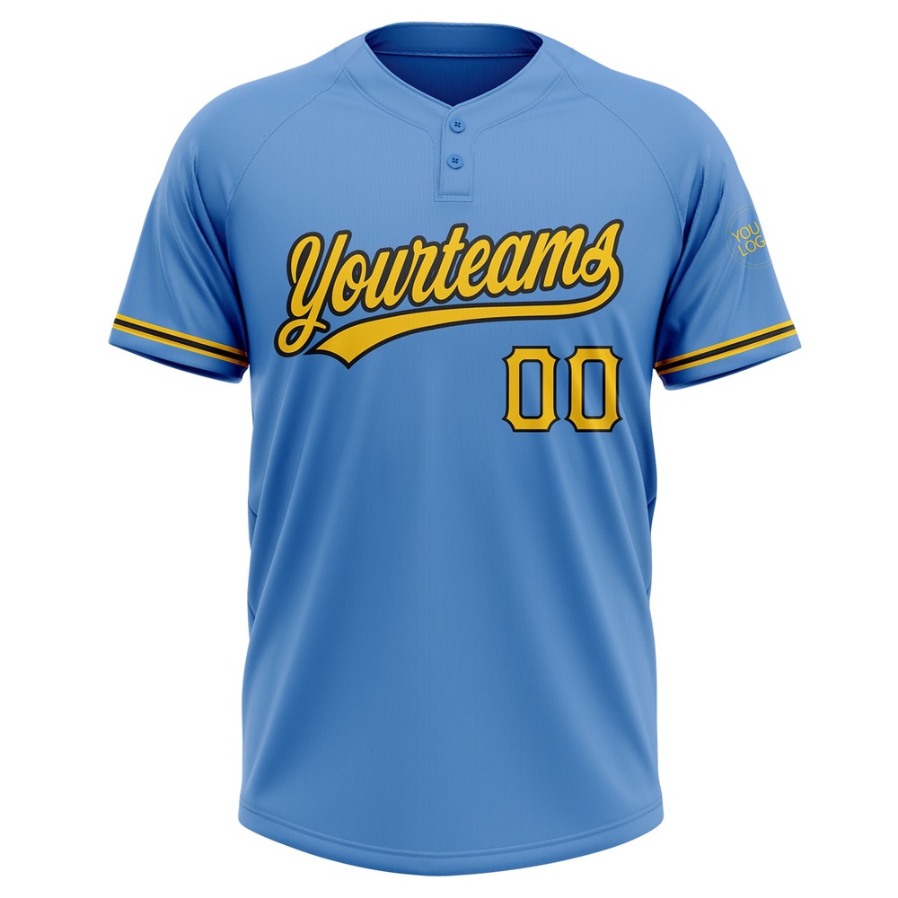 Powder Blue Yellow Black Two Button Unisex Softball Jersey, Custom Team Softball Jersey