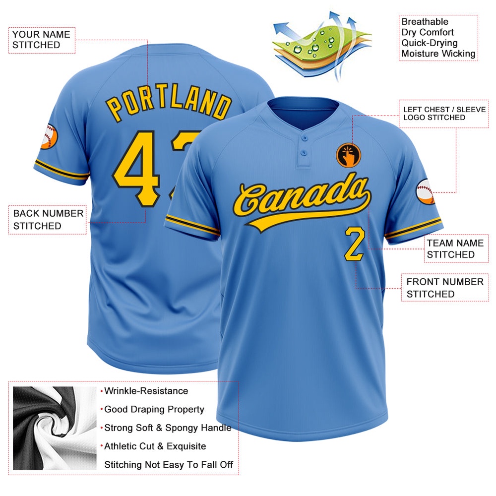 Powder Blue Yellow Black Two Button Unisex Softball Jersey, Custom Team Softball Jersey