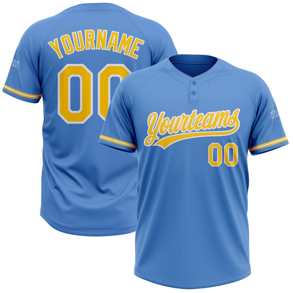 Powder Blue Yellow White Two Button Unisex Softball Jersey, Custom Team Softball Jersey