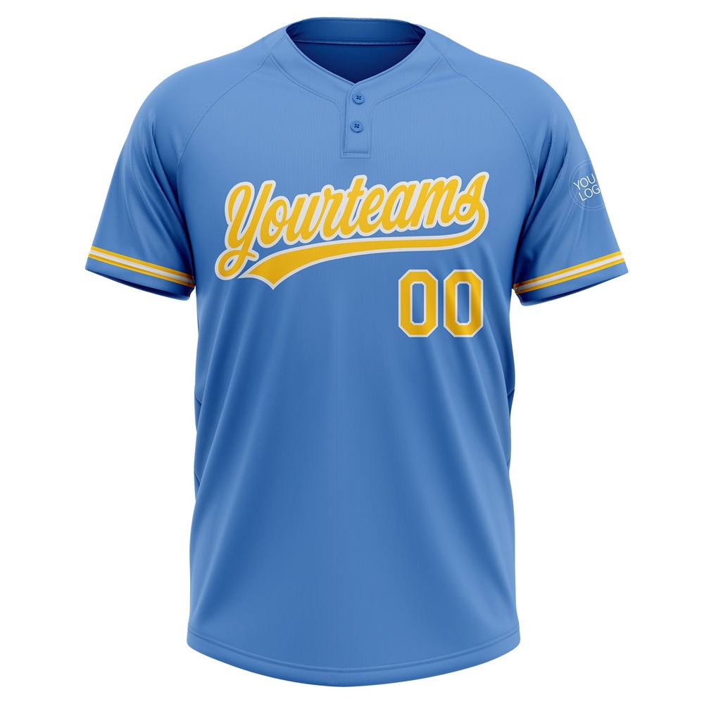 Powder Blue Yellow White Two Button Unisex Softball Jersey, Custom Team Softball Jersey