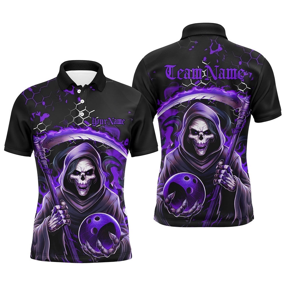 Purple And Black Custom Grim Reaper Bowling Polo Shirts For Men, Halloween Skull Bowling Shirt, Personalized Bowling Team Shirt