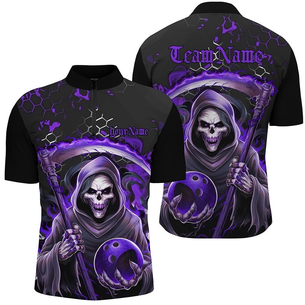 Purple And Black Grim Reaper Bowling Jersey For Men, Halloween Skull Bowling Shirt, Custom Bowling Team Jersey Shirt