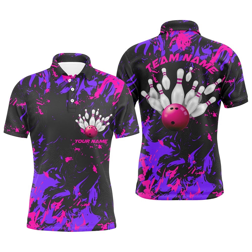 Purple And Pink Camo Bowling Team Shirts Custom Men Polo Shirts Bowling League Shirts, Personalized Bowling Team Shirt