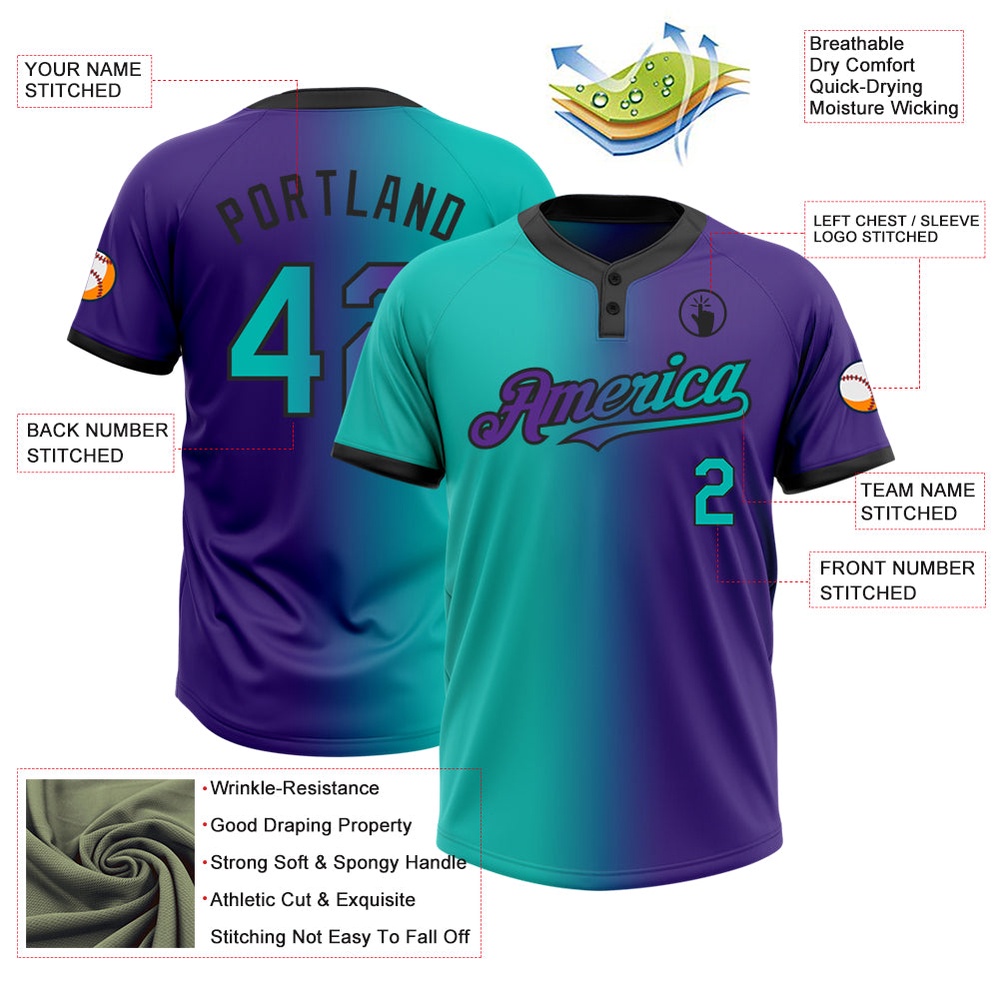 Purple Aqua Black Gradient Fashion Two Button Unisex Softball Jersey, Custom Team Softball Jersey