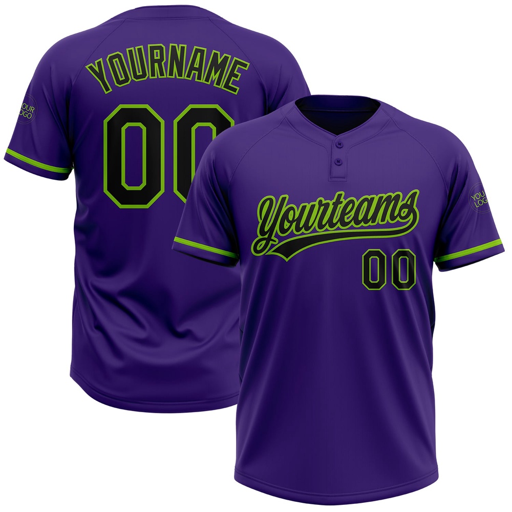 Purple Black Neon Green Two Button Unisex Softball Jersey, Custom Team Softball Jersey