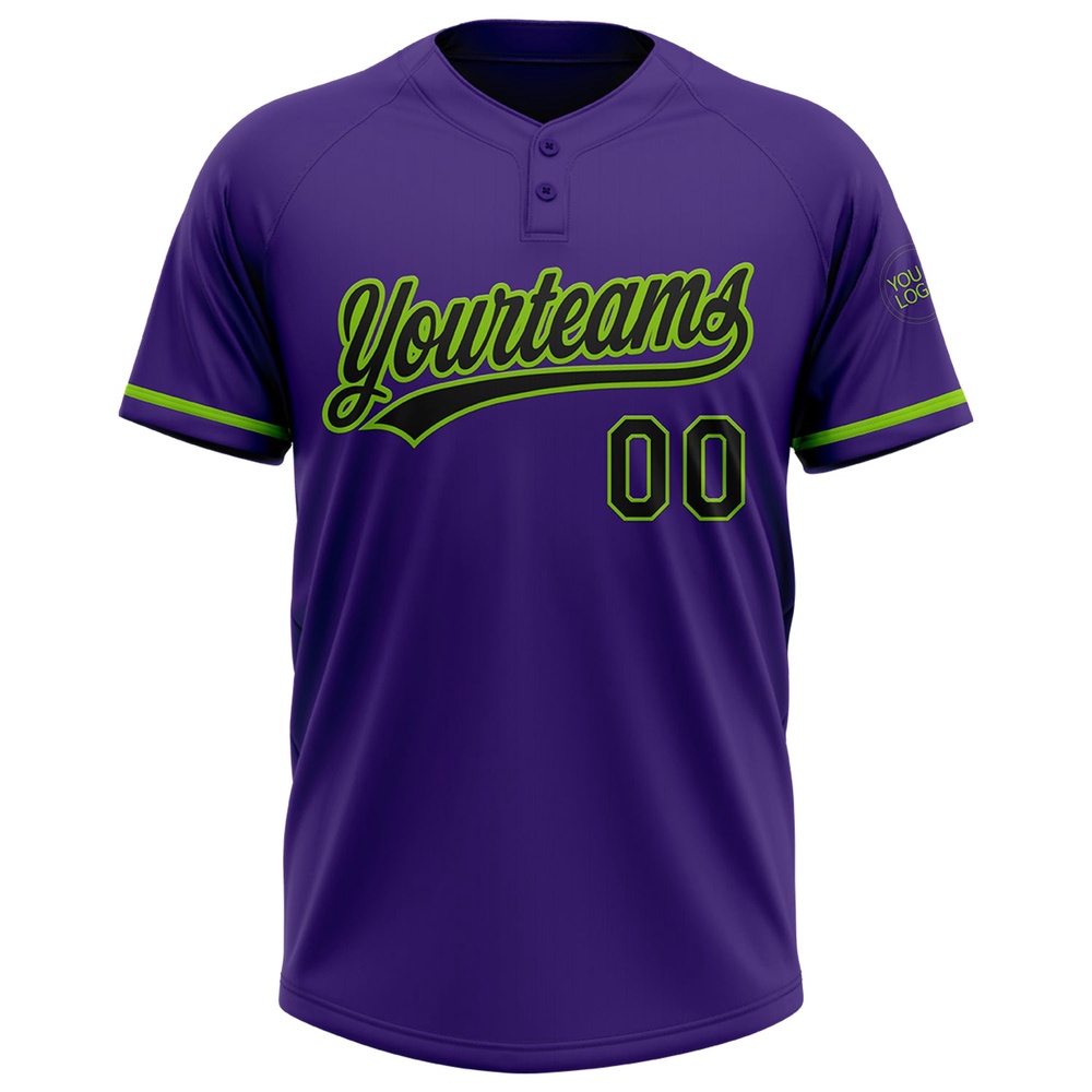 Purple Black Neon Green Two Button Unisex Softball Jersey, Custom Team Softball Jersey