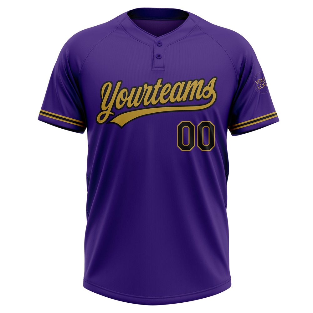 Purple Black Old Gold Two Button Unisex Softball Jersey, Custom Team Softball Jersey