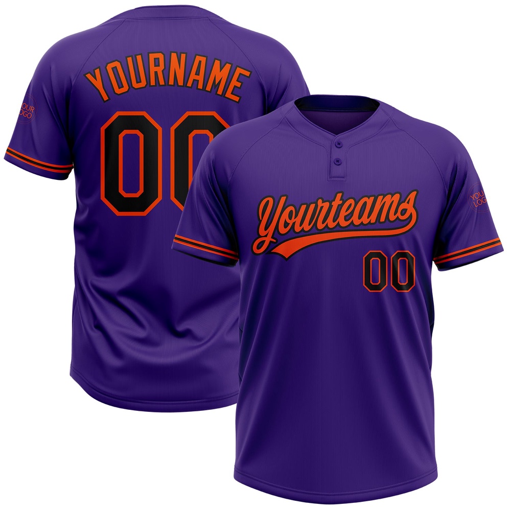 Purple Black Orange Two Button Unisex Softball Jersey, Custom Team Softball Jersey
